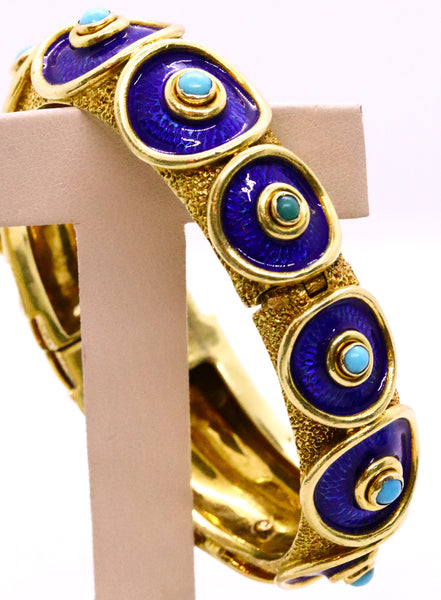 *Cellino 1960 Italy 18 kt yellow gold bracelet with blue enamel & natural turquoises