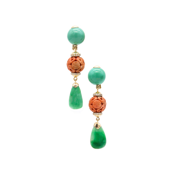 David Webb 1950 New York Chinoiserie Drop Earrings In 18Kt Gold With Diamonds Turquoise Coral And Jadeite