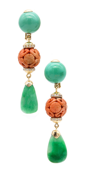 David Webb 1950 New York Chinoiserie Drop Earrings In 18Kt Gold With Diamonds Turquoise Coral And Jadeite