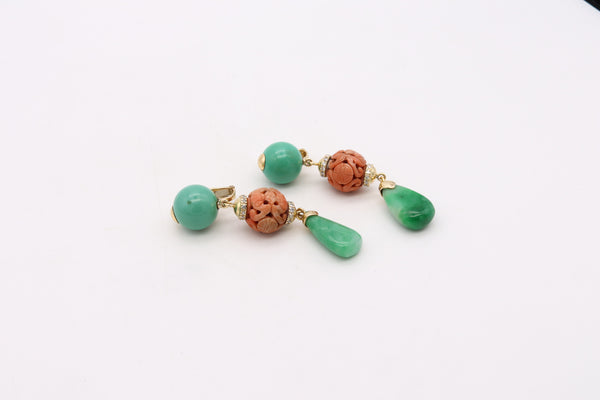 David Webb 1950 New York Chinoiserie Drop Earrings In 18Kt Gold With Diamonds Turquoise Coral And Jadeite