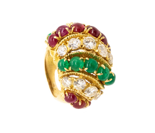 Tutti Frutti 1950 Mid Century Bombe Ring With 13.35 Ctw In Diamonds Rubies And Emeralds