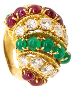 Tutti Frutti 1950 Mid Century Bombe Ring With 13.35 Ctw In Diamonds Rubies And Emeralds