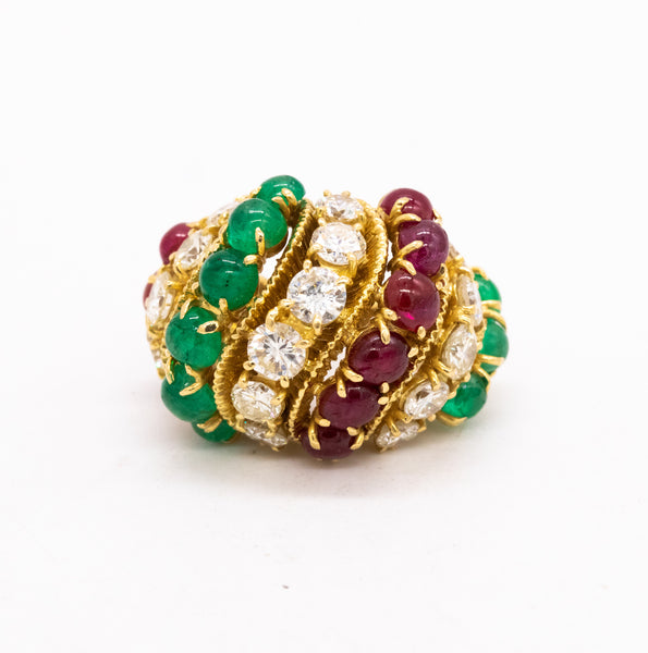 Tutti Frutti 1950 Mid Century Bombe Ring With 13.35 Ctw In Diamonds Rubies And Emeralds