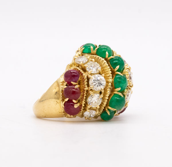 Tutti Frutti 1950 Mid Century Bombe Ring With 13.35 Ctw In Diamonds Rubies And Emeralds