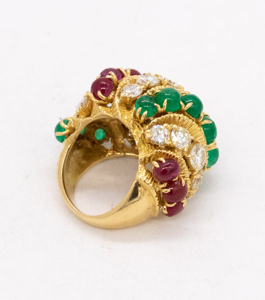 Tutti Frutti 1950 Mid Century Bombe Ring With 13.35 Ctw In Diamonds Rubies And Emeralds