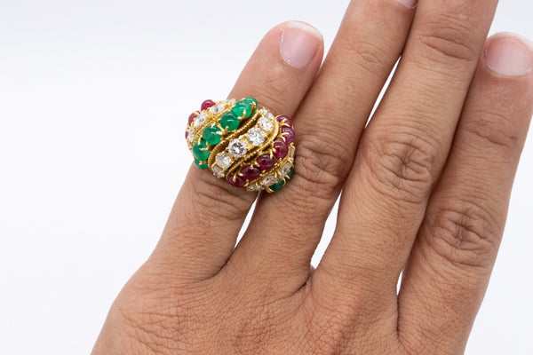 Tutti Frutti 1950 Mid Century Bombe Ring With 13.35 Ctw In Diamonds Rubies And Emeralds