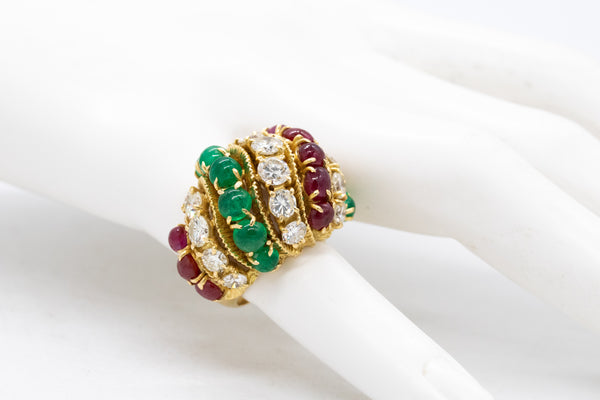 Tutti Frutti 1950 Mid Century Bombe Ring With 13.35 Ctw In Diamonds Rubies And Emeralds