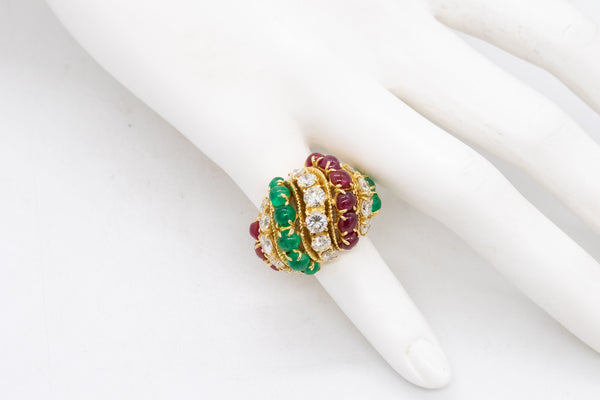 Tutti Frutti 1950 Mid Century Bombe Ring With 13.35 Ctw In Diamonds Rubies And Emeralds