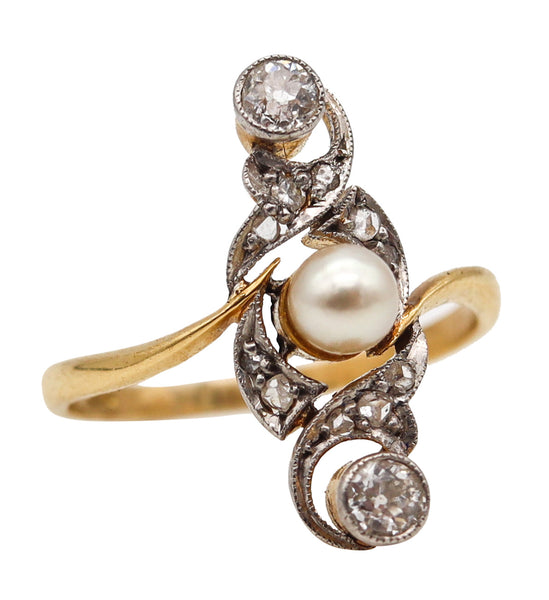 (S)Art Nouveau 1910 Edwardian Natural Pearl Ring In 18Kt Gold With Rose Cut Diamonds