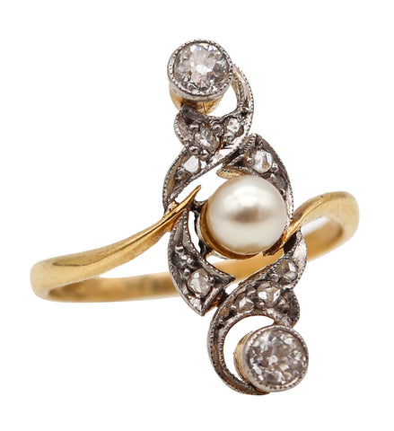 (S)Art Nouveau 1910 Edwardian Natural Pearl Ring In 18Kt Gold With Rose Cut Diamonds