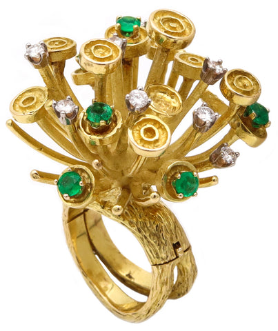 Scandinavian 1960 Sculptural Spikes Ring In 18Kt Gold With 1.38 Cts In Diamonds And Emeralds