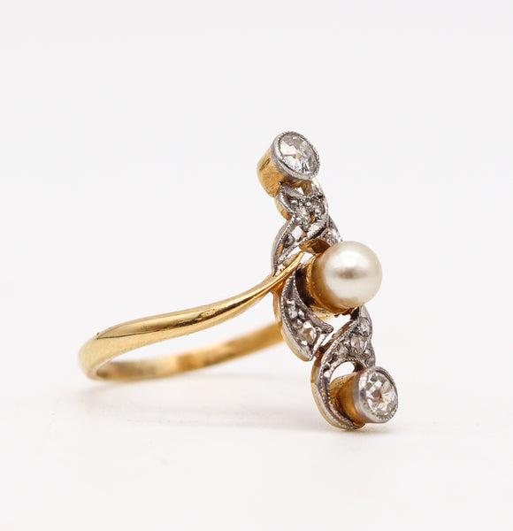 (S)Art Nouveau 1910 Edwardian Natural Pearl Ring In 18Kt Gold With Rose Cut Diamonds
