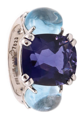 SEAMAN SCHEPPS 18 KT WHITE GOLD RING WITH 12.25 Ctw OF DIAMONDS, IOLITE & AQUAMARINES