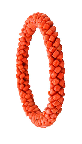 *Italian 1960 mid-century bangle bracelet with carved beads of Sardinian vivid red coral