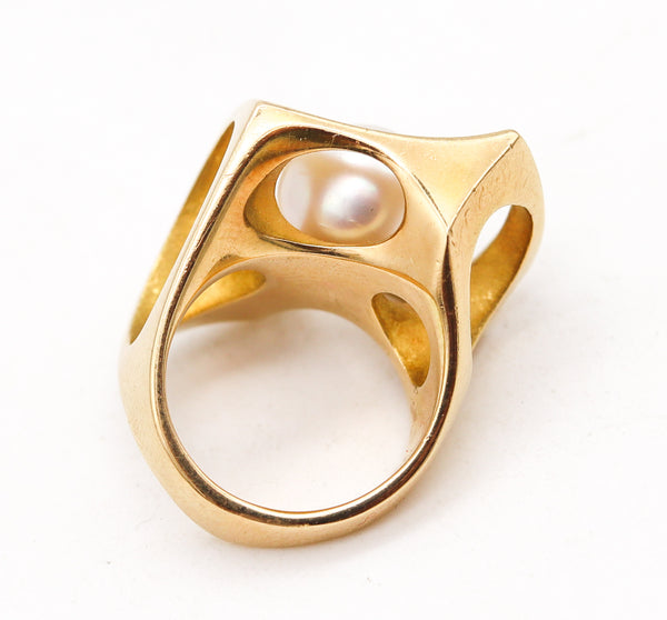 Designer Sculptural Biomorphic Abstract Cocktail Ring In 18Kt Gold With 10 mm Akoya Pearl