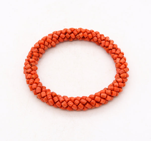 *Italian 1960 mid-century bangle bracelet with carved beads of Sardinian vivid red coral