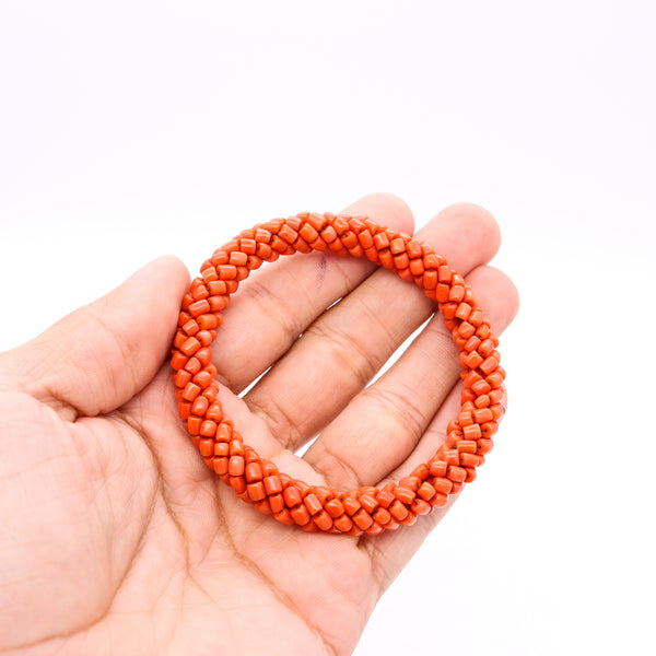 *Italian 1960 mid-century bangle bracelet with carved beads of Sardinian vivid red coral