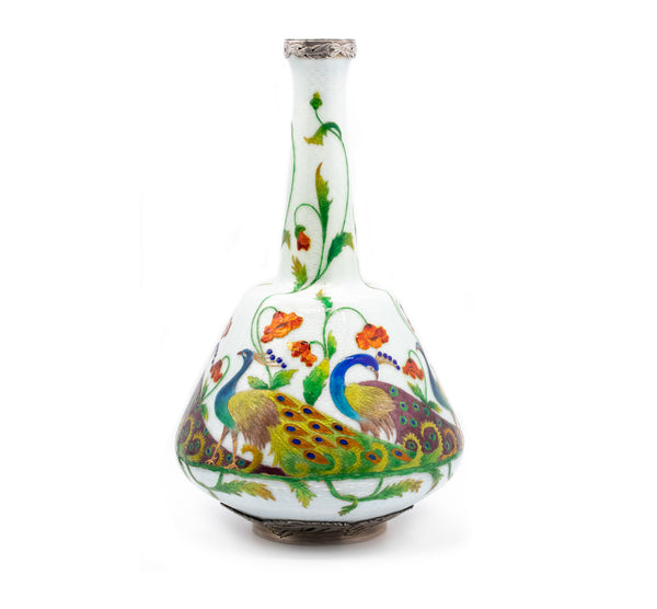 Soyer Et Fils 1900 Paris Art Nouveau Exhibition Peacocks Vase Sterling With Guilloche Enamel