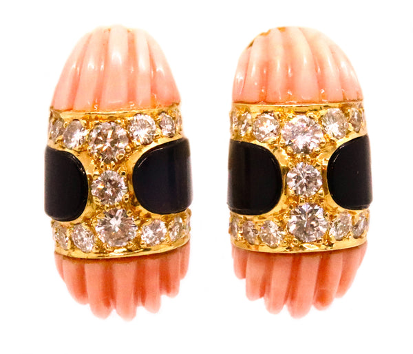 PINK CORAL, ONYX AND DIAMONDS 18 KT DESIGNER EARRINGS