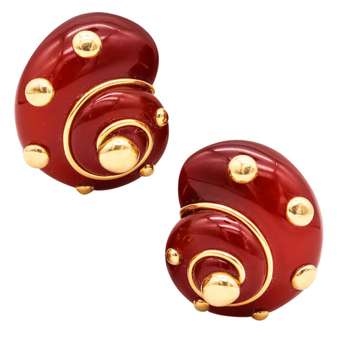Verdura Milan Clip Earrings In 18Kt Yellow Gold With Carved Red Carnelian