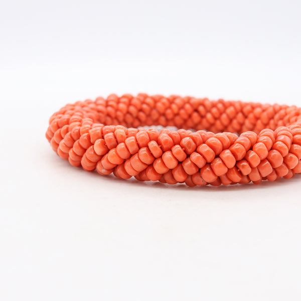 *Italy 1960 mid-century Thick Large bangle bracelet with carvings of Sardinian vivid red coral