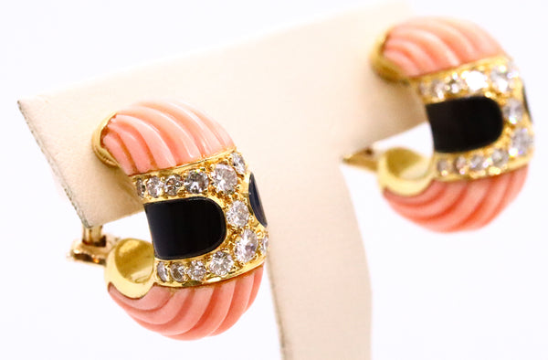 PINK CORAL, ONYX AND DIAMONDS 18 KT DESIGNER EARRINGS