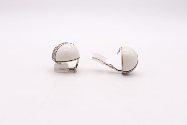 *Verdura Milan dome ear-clips in 18 kt white gold with 1.35 Ctw diamonds and white agate