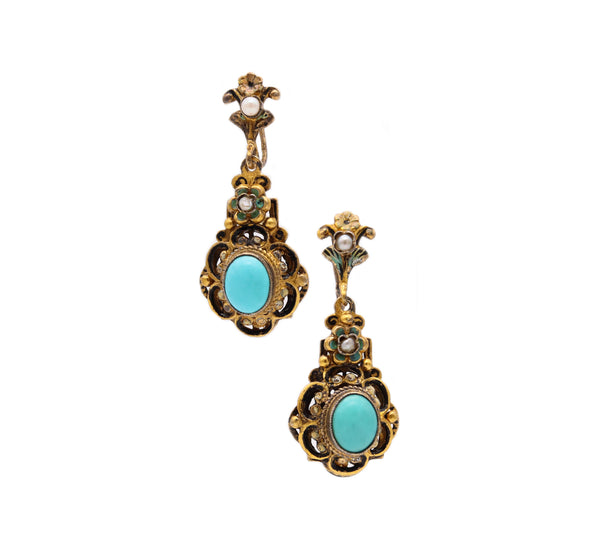 AUSTRO-HUNGARIAN 1900'S STERLING DROP EARRINGS WITH ENAMEL, TURQUOISE & PEARLS