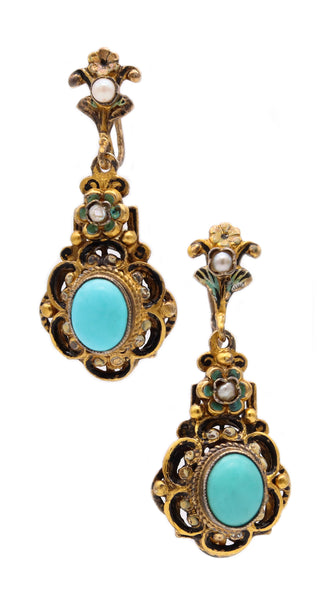 AUSTRO-HUNGARIAN 1900'S STERLING DROP EARRINGS WITH ENAMEL, TURQUOISE & PEARLS