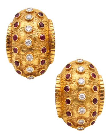 -Lalaounis 1970 Clips On Earrings In 18Kt Gold With 3.32 Ctw In Diamonds And Rubies