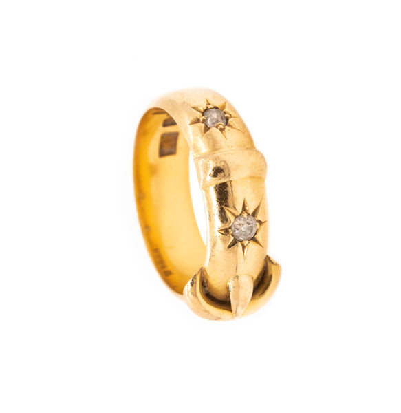 BRITISH VICTORIAN 1872 BUCKLE RING IN 18 KT YELLOW GOLD WITH TWO DIAMONDS