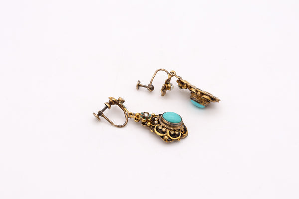 AUSTRO-HUNGARIAN 1900'S STERLING DROP EARRINGS WITH ENAMEL, TURQUOISE & PEARLS