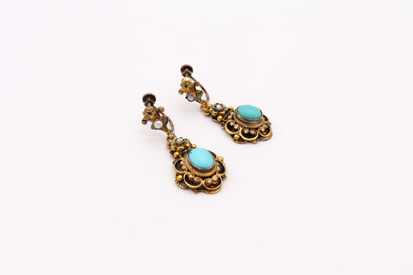 AUSTRO-HUNGARIAN 1900'S STERLING DROP EARRINGS WITH ENAMEL, TURQUOISE & PEARLS