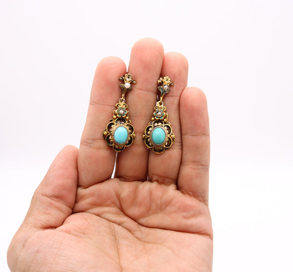 AUSTRO-HUNGARIAN 1900'S STERLING DROP EARRINGS WITH ENAMEL, TURQUOISE & PEARLS