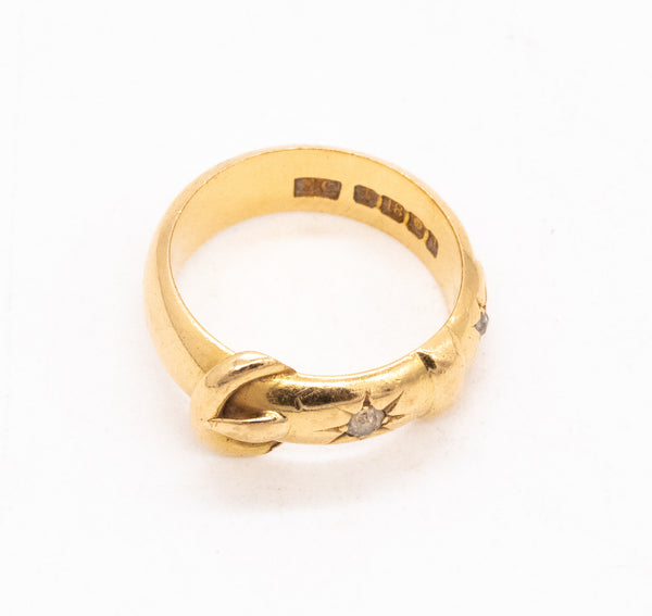 BRITISH VICTORIAN 1872 BUCKLE RING IN 18 KT YELLOW GOLD WITH TWO DIAMONDS
