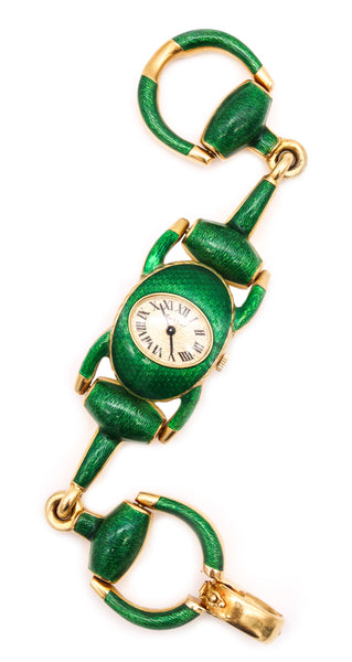 GUCCI 1960 MILANO HORSEBIT WRISTWATCH IN 18 KT YELLOW GOLD WITH GREEN ENAMEL