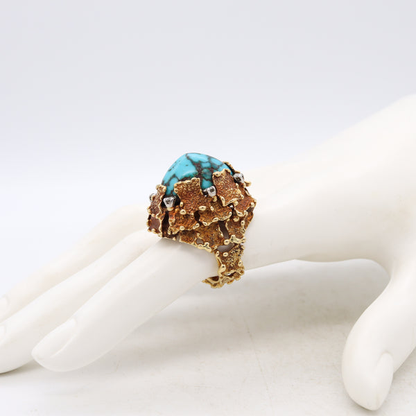 George Weil 1960 British Brutalist Cocktail Ring In 18Kt Gold Platinum With 25.42 Cts In Chrysocolla & Diamonds