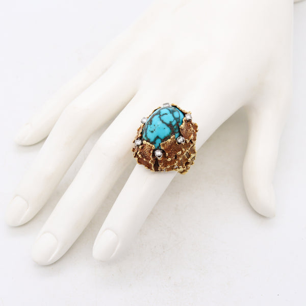 George Weil 1960 British Brutalist Cocktail Ring In 18Kt Gold Platinum With 25.42 Cts In Chrysocolla & Diamonds