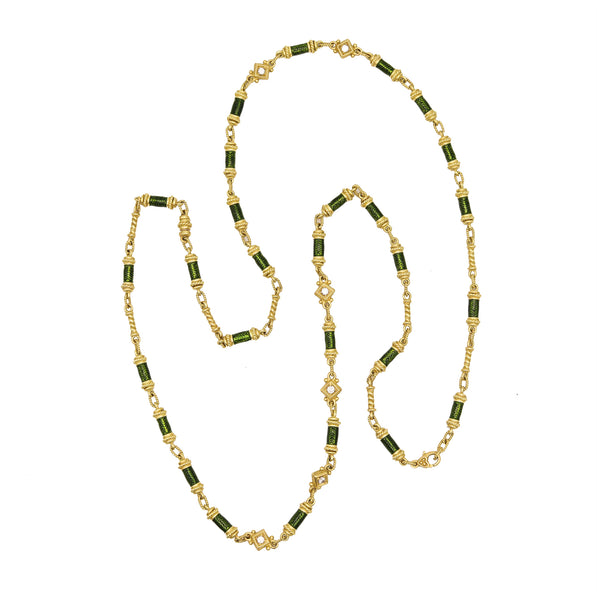 Classic Revival Enameled Long Necklace Sautoir In 18Kt Gold With 1.20 Ctw Diamonds