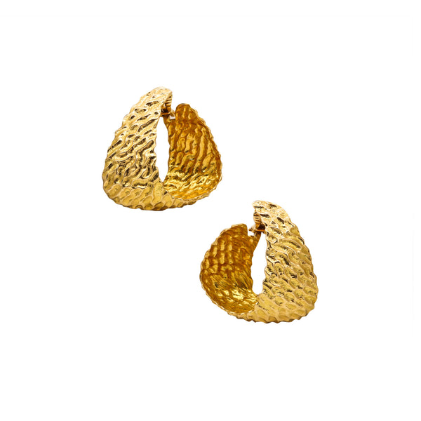 French 1970 Modernism Large Hoops Earrings In 18Kt Of Textured Solid Yellow Gold