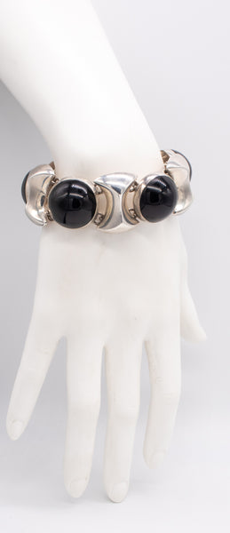 MEXICO 1970'S VINTAGE RETRO BRACELET IN .925 STERLING WITH ONYX CABOCHONS