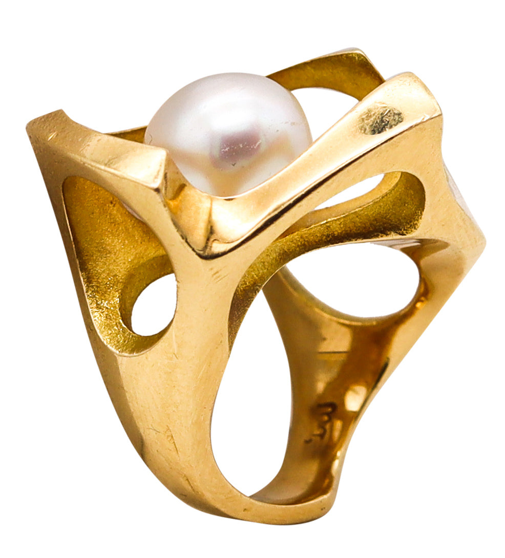 Designer Sculptural Biomorphic Abstract Cocktail Ring In 18Kt Gold With 10 mm Akoya Pearl