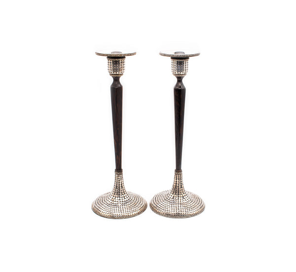JOHN HARDY RARE PAIR OF TALL CANDLESTICK IN .925 STERLING AND PALM TREE WOOD