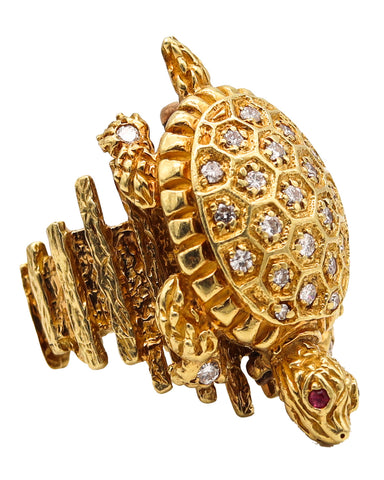 Retro 1970 Turtle Convertible Turtle Ring Brooch In 18Kt Gold With Diamonds And Rubies