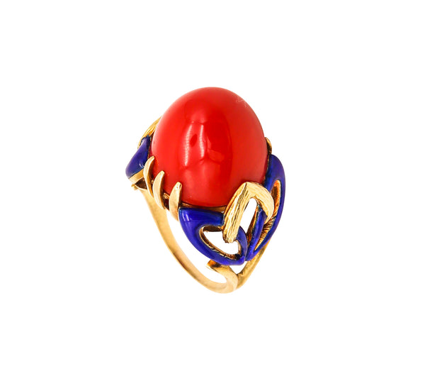 Art Deco 1930 Enamelled Cocktail Ring In 18Kt Yellow Gold With Red Ox Blood Coral