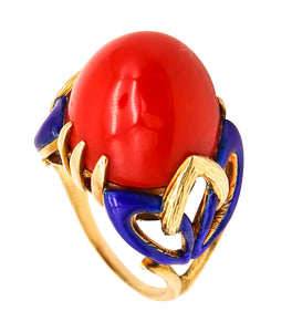 Art Deco 1930 Enamelled Cocktail Ring In 18Kt Yellow Gold With Red Ox Blood Coral