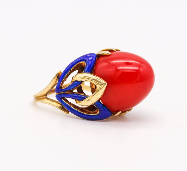 Art Deco 1930 Enamelled Cocktail Ring In 18Kt Yellow Gold With Red Ox Blood Coral