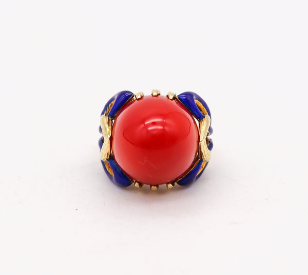 Art Deco 1930 Enamelled Cocktail Ring In 18Kt Yellow Gold With Red Ox Blood Coral