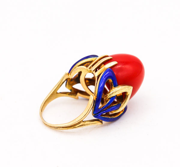 Art Deco 1930 Enamelled Cocktail Ring In 18Kt Yellow Gold With Red Ox Blood Coral