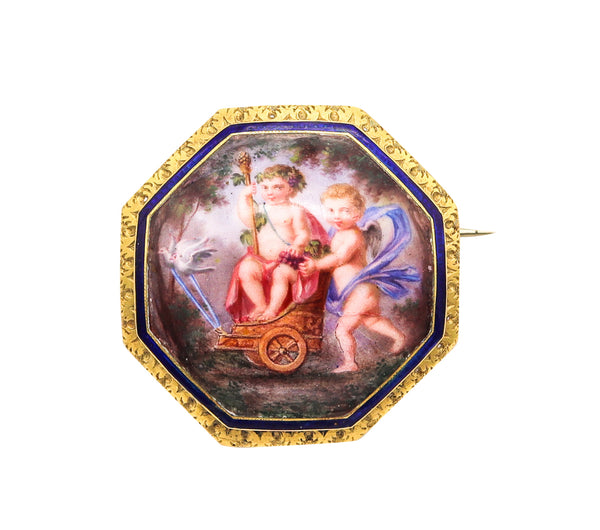 French Baroque 19th Century Enameled Brooch Of Triumph Of Bacchus With Cupid In 18Kt Gold